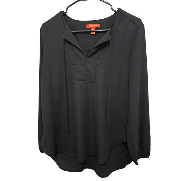 Joe Fresh Womens Black Long-Sleeve Blouse M With Tie Neck & Elastic Cuffs - Picture 1 of 8